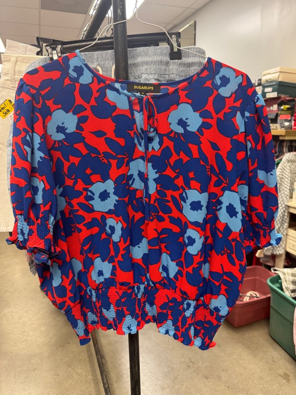 Sugarlips Red and Blue Floral Tie-Neck Peplum Blouse